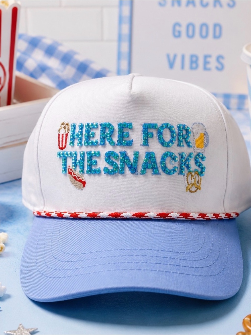 Here For The Snacks White & Light Blue  Cap
